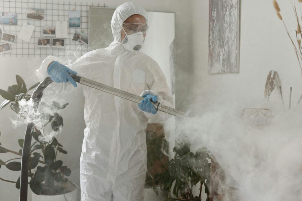 Eco-Friendly Home Cleaning for a Healthy Space Person in PPE fumigating indoors for health safety during COVID-19.