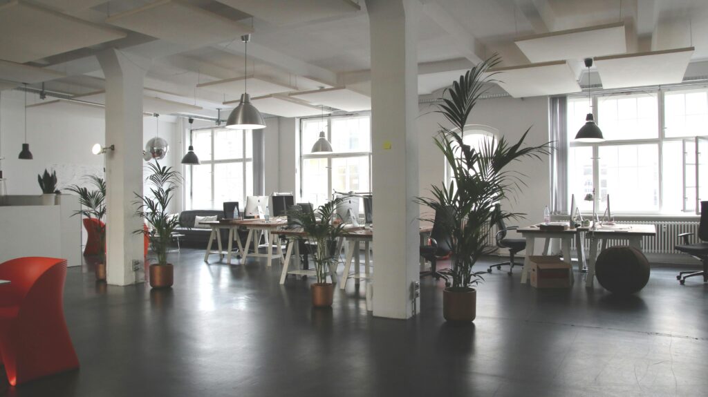 Keep Your Workplace Germ-Free & Motivated Spacious modern office interior with desks, plants, and natural lighting in Berlin.